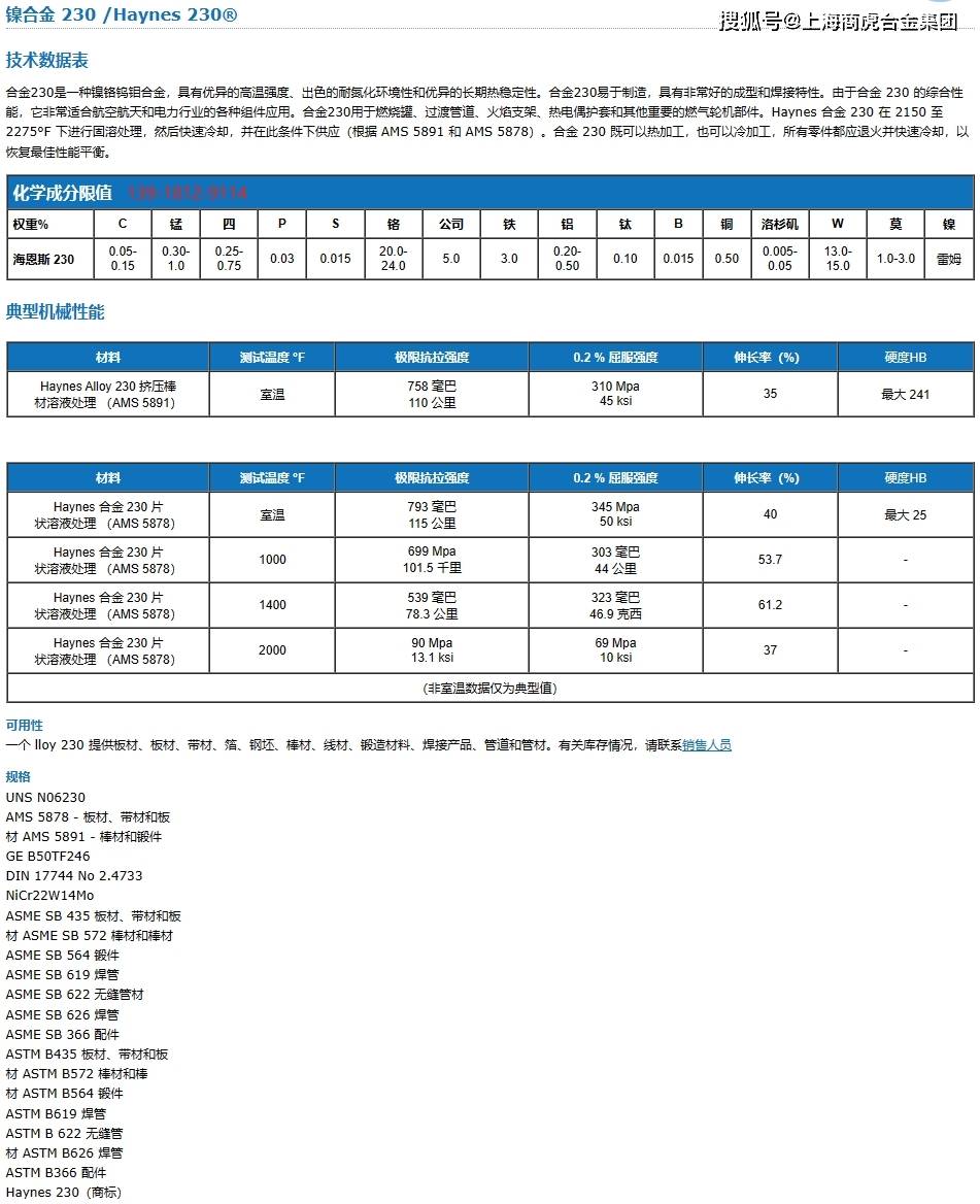 Haynes230、N06230镍铬钨钼合金板棒抗氧化性能